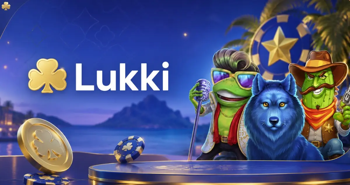 Lukki Casino lobby artwork with the clover logo and cartoon characters