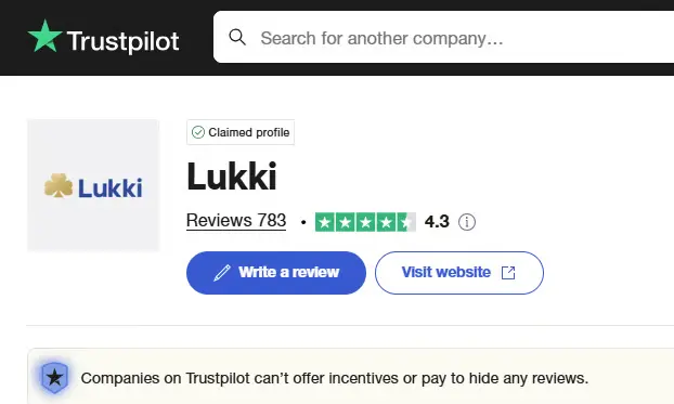 Lukki profile on Trustpilot: 783 reviews, TrustScore 4.3