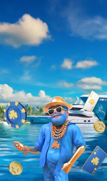 Lukki mascot in front of a yacht, the symbol of the Yacht Club